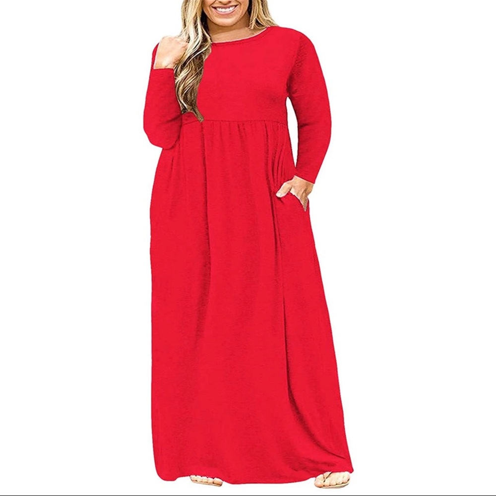 Bright Red Comfy Long Sleeve Maxi Dress With Pockets